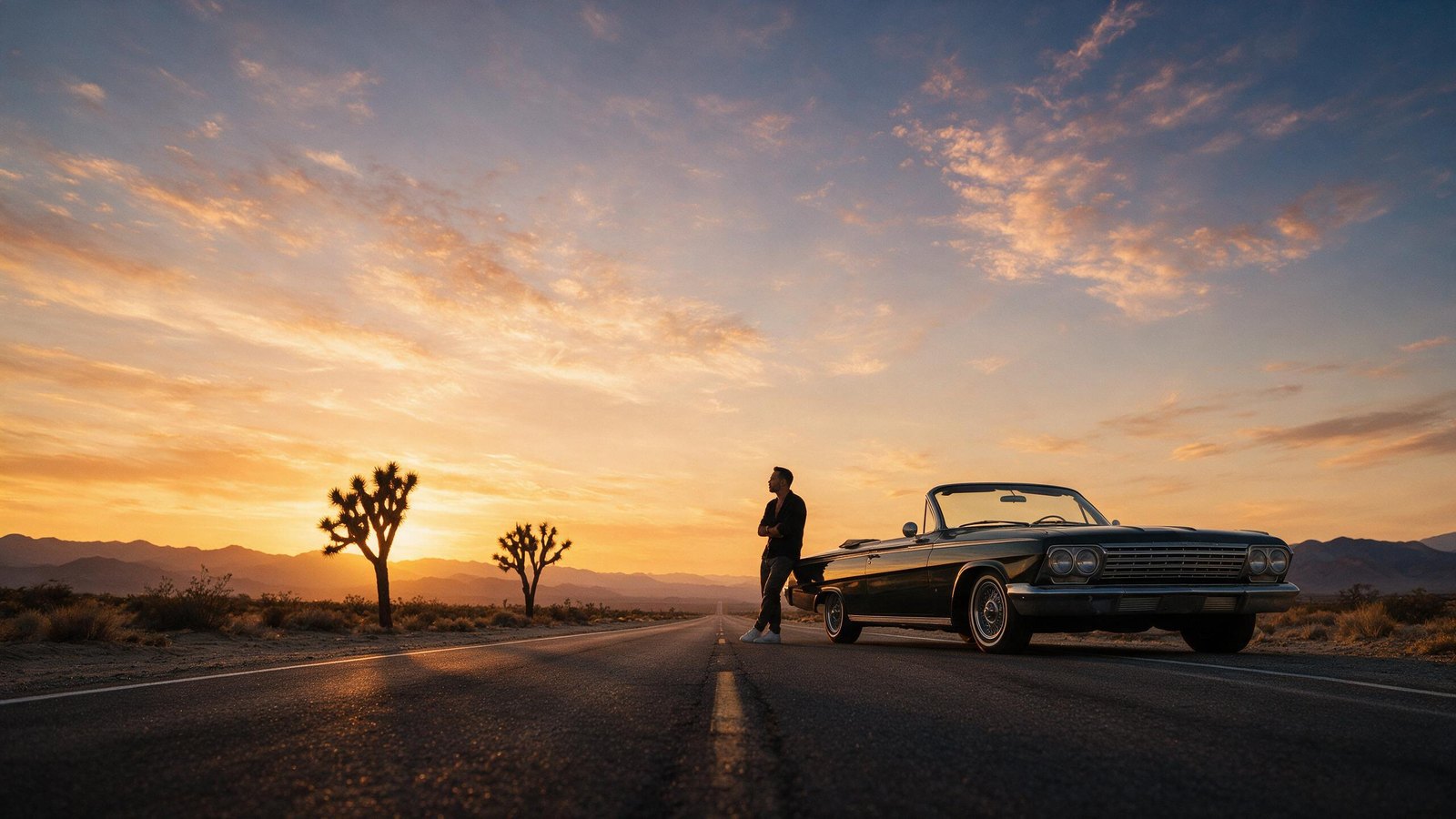 1962er Chevrolet Impala Convertible auf offener Strasse bei Sonnenuntergang
